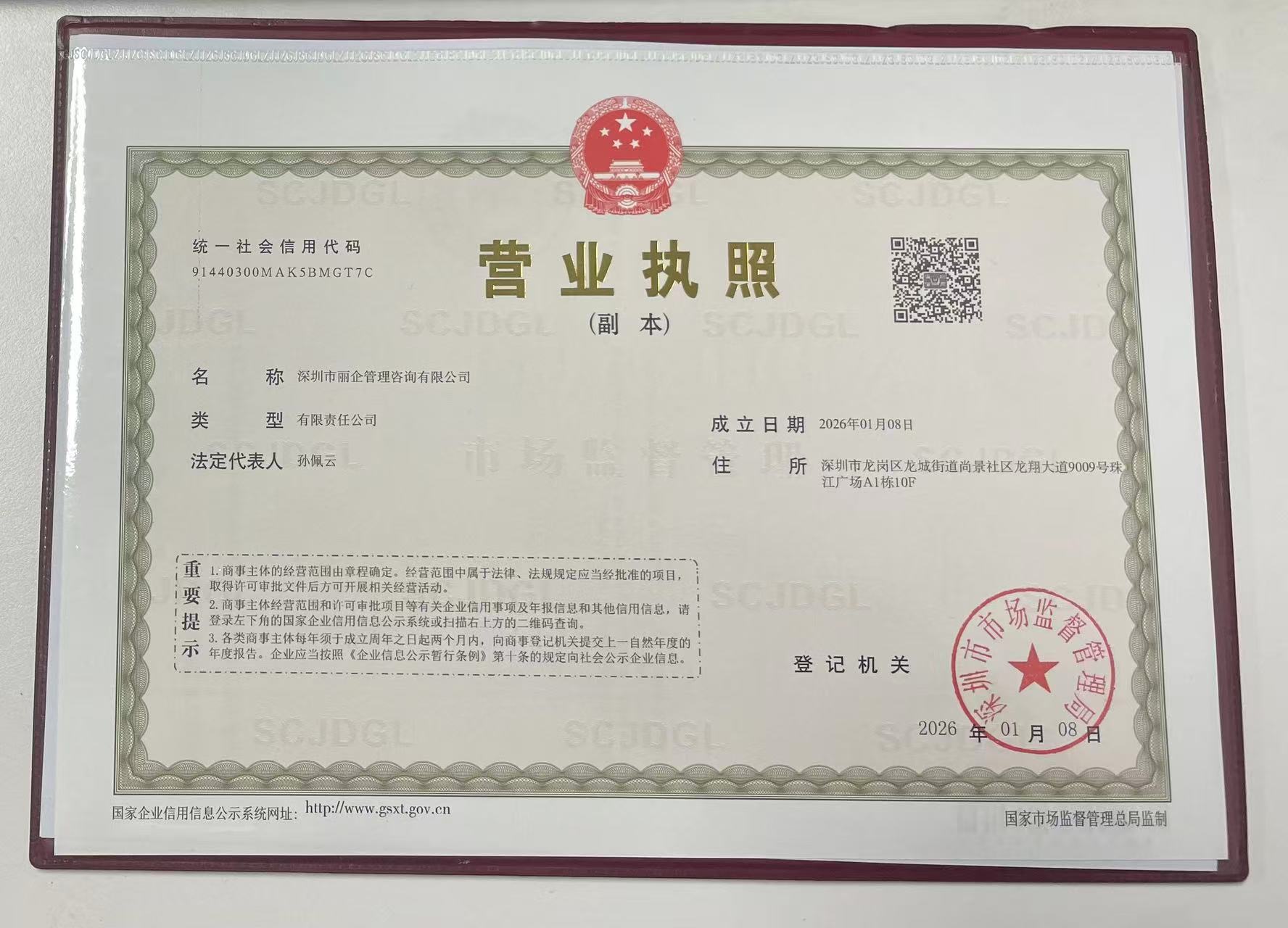 深圳市丽企管理咨询有限公司营业执照